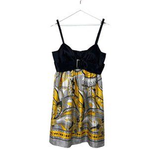 ARDEN B Womens M Silk Black Yellow Gray Print Dress Adjustable Strap Back Zip Up
